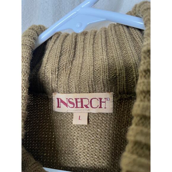 1970s Inserch Cognac Wool Cable Knit Faux Suede Full Old Money Sweater Jacket L - Picture 3 of 4